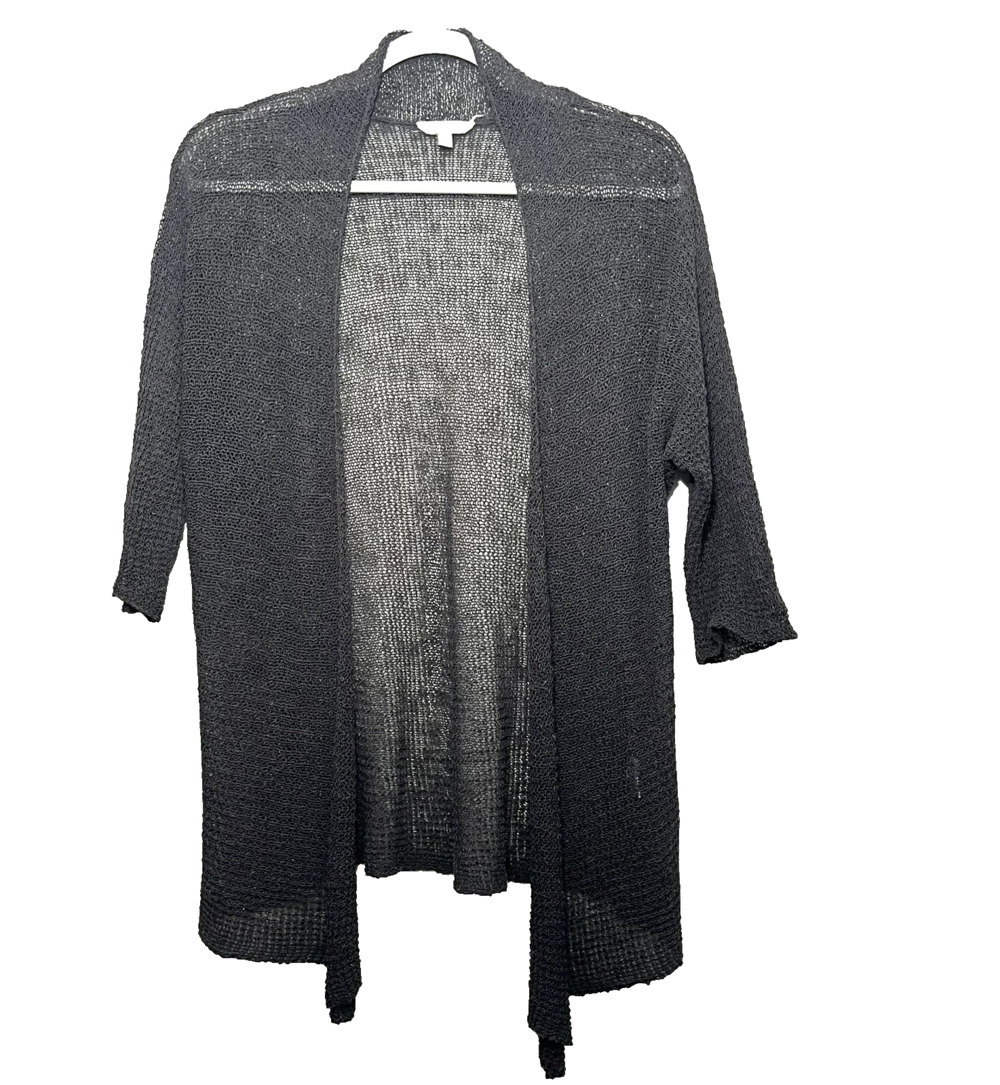 Eileen Fisher Gray Linen Blend 3/4 Sleeves Open Cardigan Medium Layering Minimal